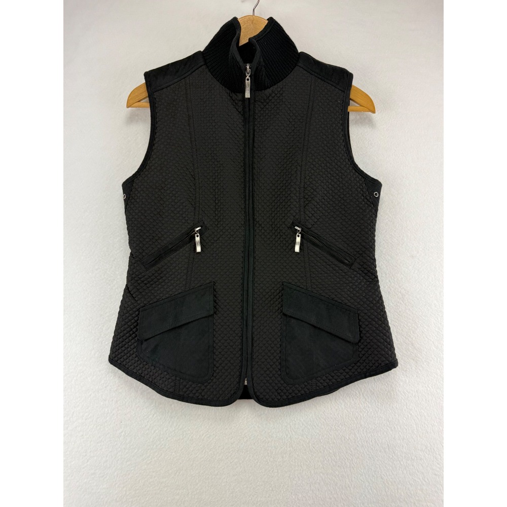 Montanaco Quilted Vest Womens Small Black‎ Faux Suede Trim Full Zip Mock Neck